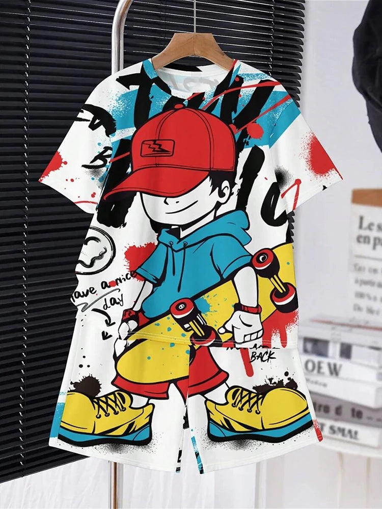2024 Kids Clothes 2pcs Boys Fun Cartoon Bear Print Short Sleeve T-Shirt Shorts Set Summer Active Boys Complete Stylish Look
