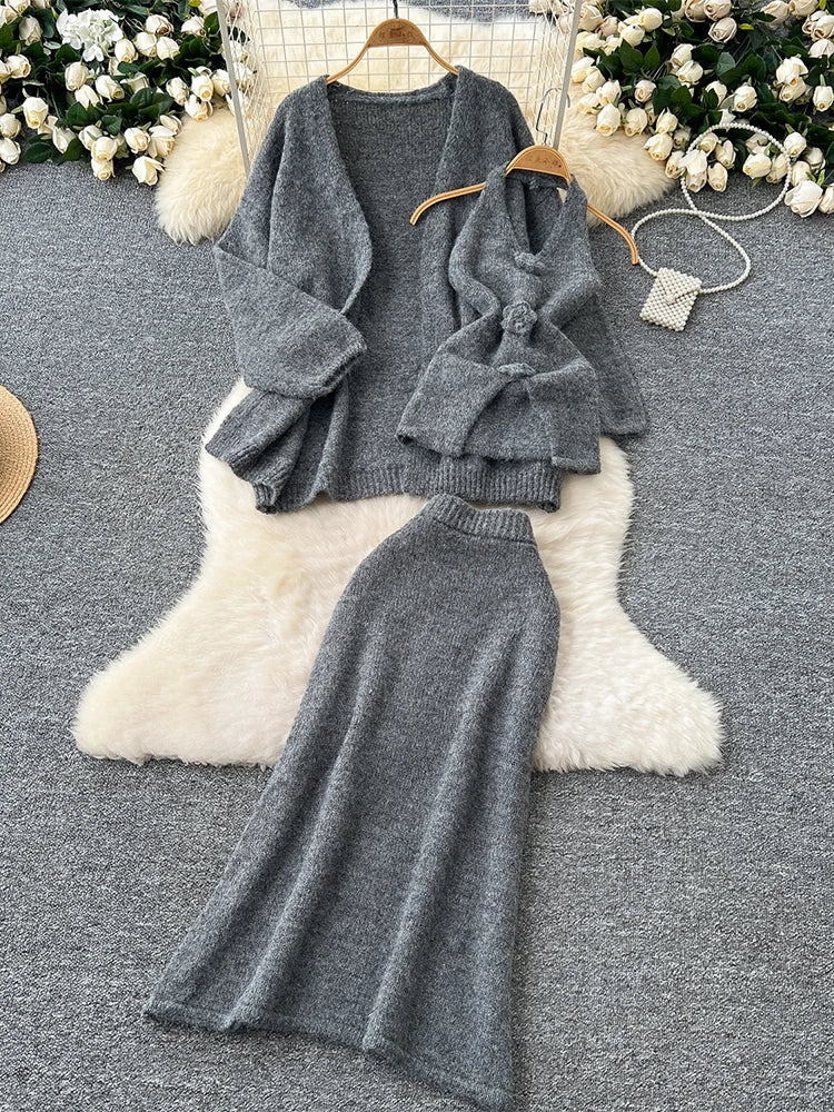 Damen Rosa 3-teiliges Set Vintage Langarmpullover A-Linie Lange Röcke Vintage Y2k Rock Sets Outfits Elegante 2000er Jahre Kleidung 2024