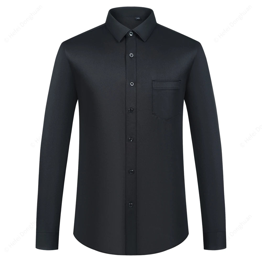 Men‘s Long Sleeve Silk-Like Satin Smooth Formal Shirt, Comfort Slight Stretch Wrinkle-Free Regular Fit Solid Color Dress Shirts
