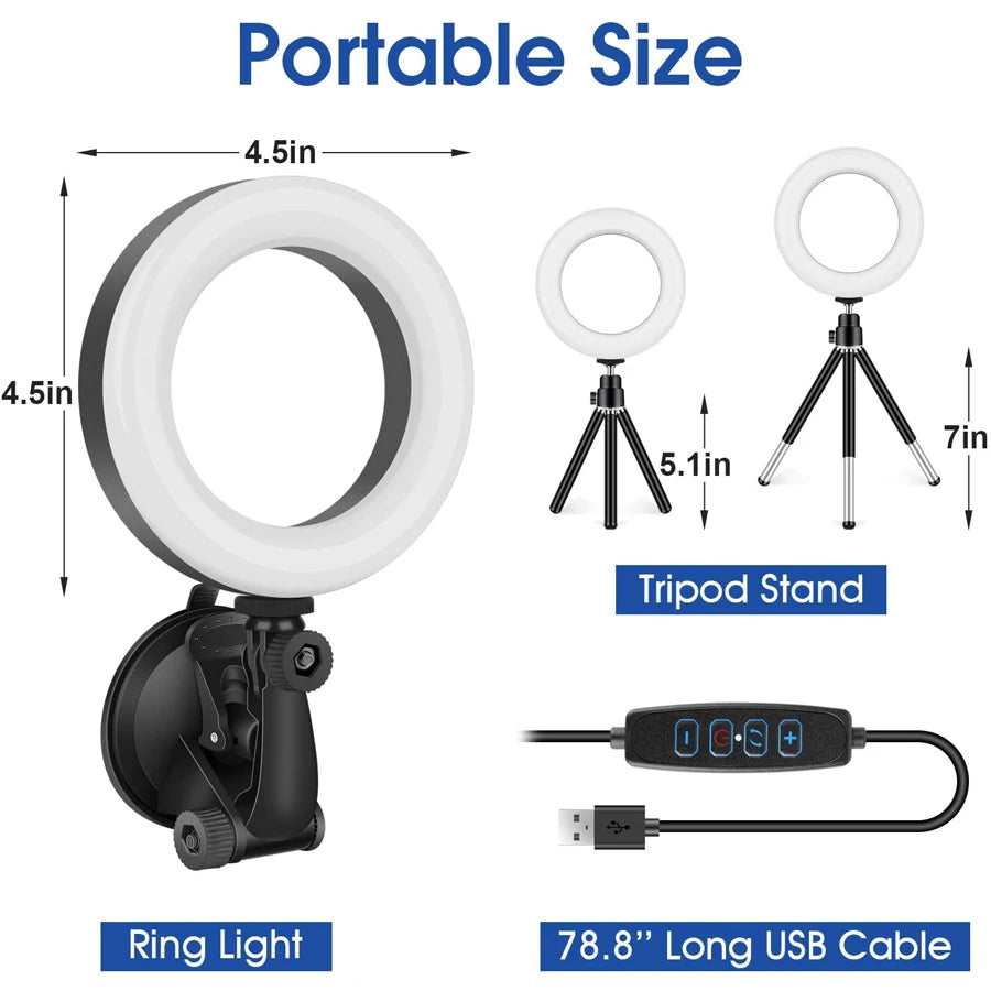 16cm Ring Light for Zoom Meetings, Laptop Ring Light with Tripod Stand, Ring Light with Suction Cup for Phone Computer Monitor