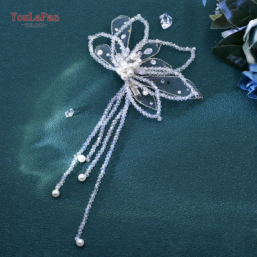 YouLaPan 2 Pce Butterfly Shape Hair Chip Handband Handmade Crystal Tassel Bride Headwear Shiny Wedding Hair Accessories HP694