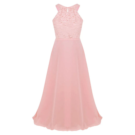 iiniim Kids Girls Vestido de festa Chiffon Dress Floral Lace Cutout Back Flower Girl Dress Elegant Summer Princess Party Dress