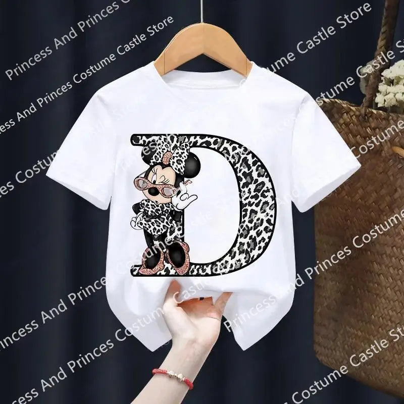 Minnie Letter A B C D Children T-shirt Kawaii Disney Clothes for Girls T Shirt Anime Cartoons Casual Kid Boy Short Sleeve Tops