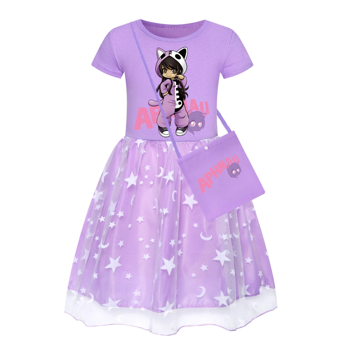Anime Aphmau Dress Kids Cute Short Sleeve Clothes for Baby Girls Kawaii Casual Dresses&small Bag Children Summer Holiday Outfits