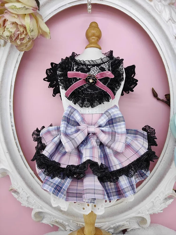 Handmade Dog Clothes Pet Supplies Princess Uniform Style Dress Pink Blue Plaid Daily Walking Apparel Poodle Maltese Chihuahua