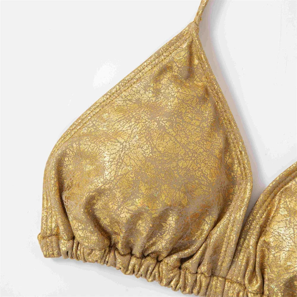 Golden Bikini Thong String Swimsuit Swimwear Women 2025 Trend Luxury Two Piece Bathing Swim Suit Brazilian Beach Vacation Outfit
