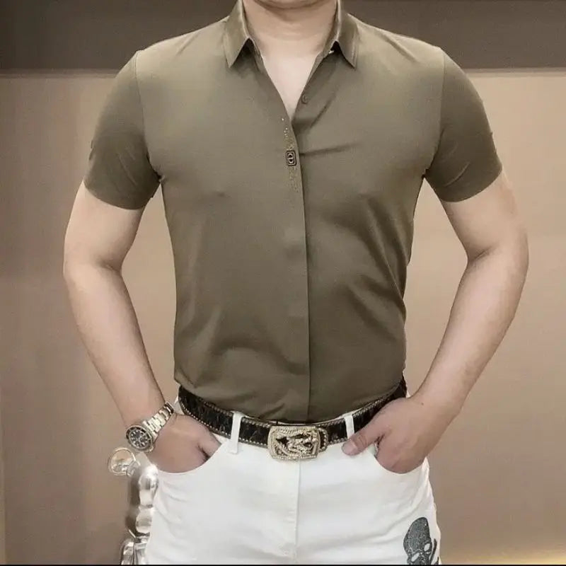 Summer Fashion Handsome Trendy Men's Polo Collar Solid Color Short Sleeved Shirt - mon
