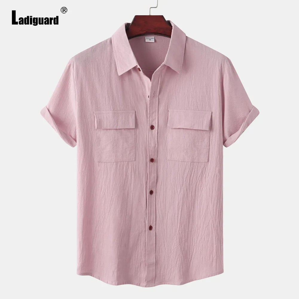 Men Short Sleeve Linen Shirts ,Black Soft Blouse Vintage Casual Stand Pocket Tops mon