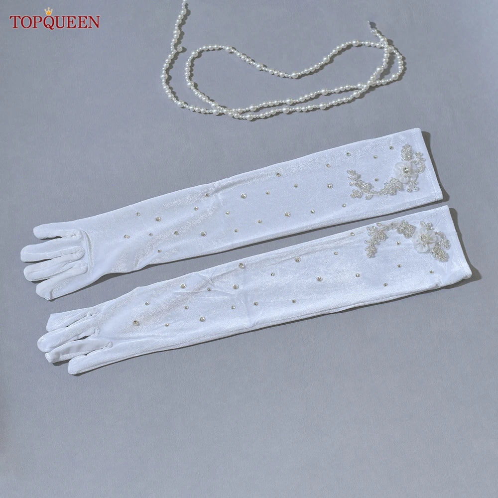 TOPQUEEN Elegant Bridal Gloves Crystal Beaded 3d Pearl Flower Long Gloves Elbow Length Wedding Accessories T24