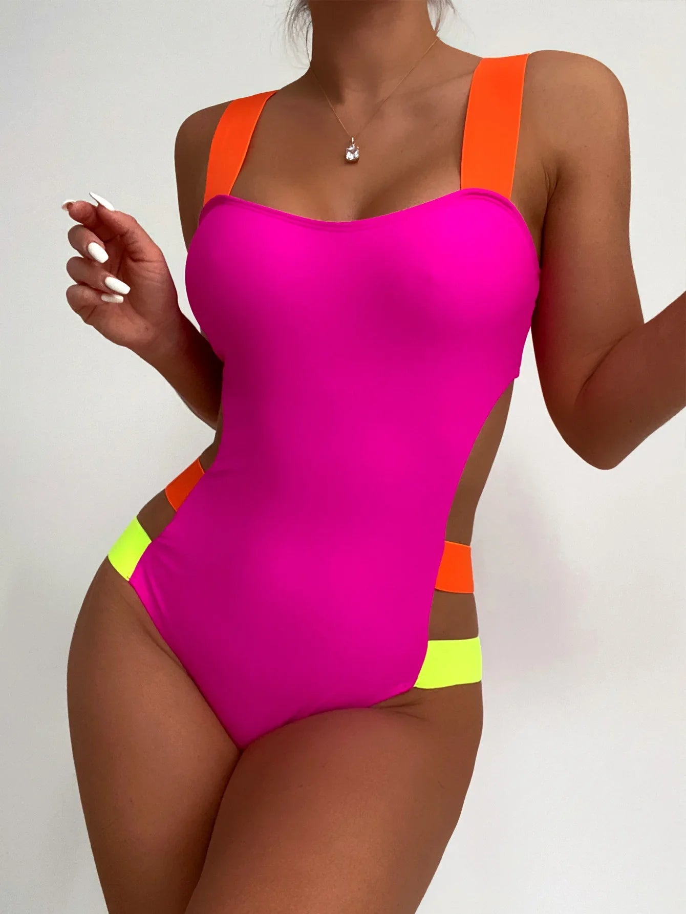 Color Block One-piece Swimsuit 2023 Women Neon Bandage Bikini High Waist Hollow Out Swimwear Rose Red Slim Backless Monokini