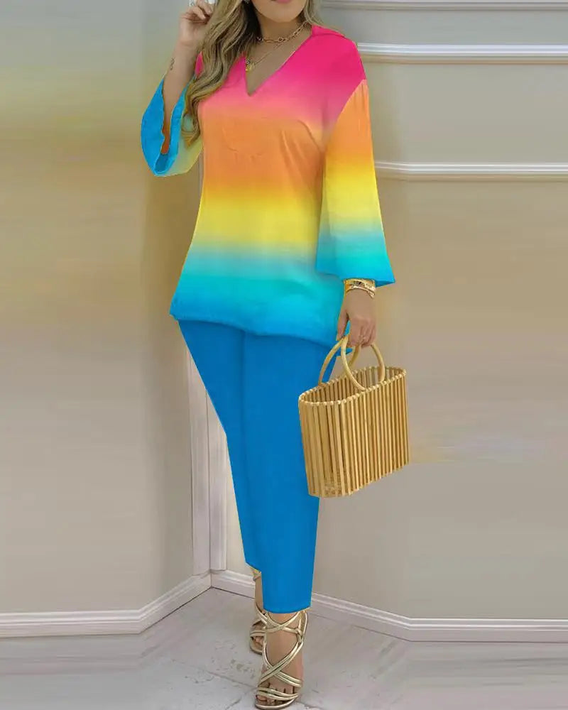2025 Ladies' Checkered Print Suit Summer Long Sleeve V-neck Polyester Printing Two Pieces Sets Top And Long Pant Clothes Women
