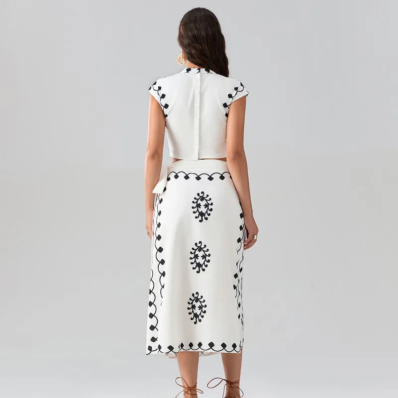 WPNAKS Women Elegant 2 Piece Skirt Sets Office Ladies Summer Clothes Chic Short Sleeve Boho Pattern Tops Long Skinny Skirt