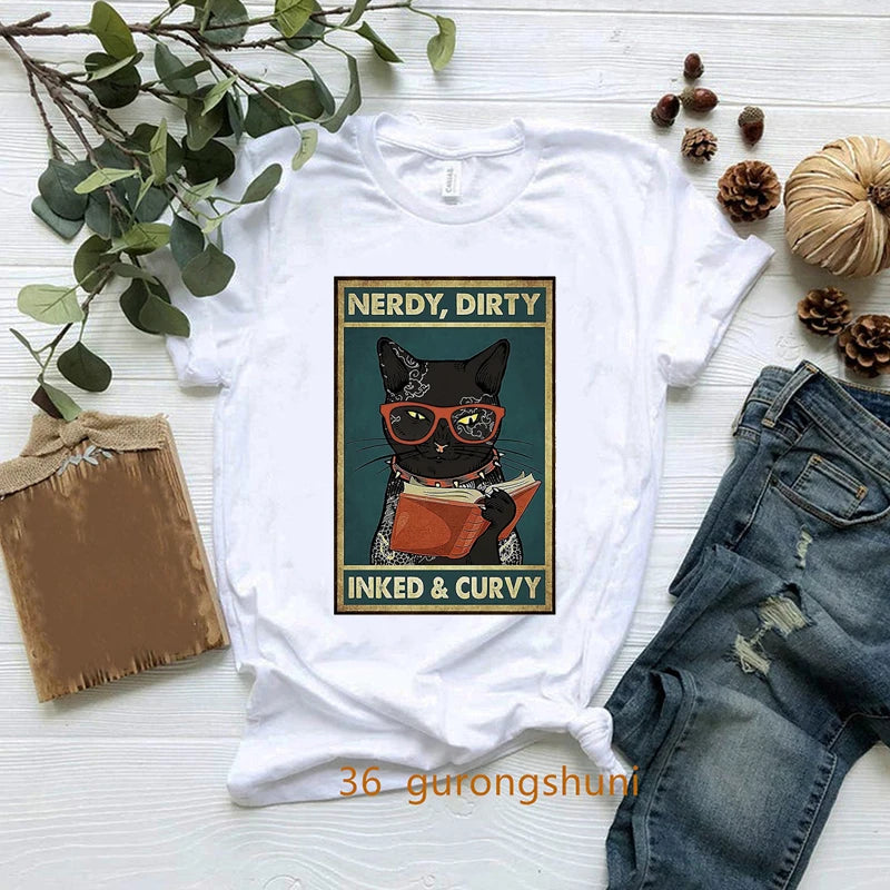 New Nerdy Dirty Inked And Curvy T-Shirt Melanin Black Queen Loves Books T Shirt Women Clothes Short Sleeve 90s Tees Summer Tops