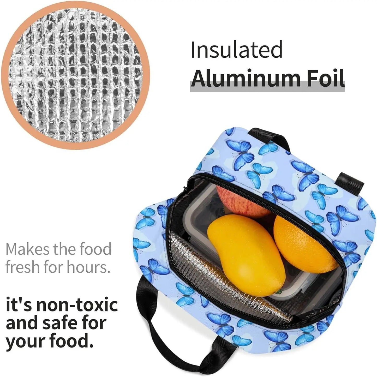 Butterfly Lunch Box for Girls Women Thremal Blue Picnic lunch Bag for School Office Work Insulated Washable Reusable Washable
