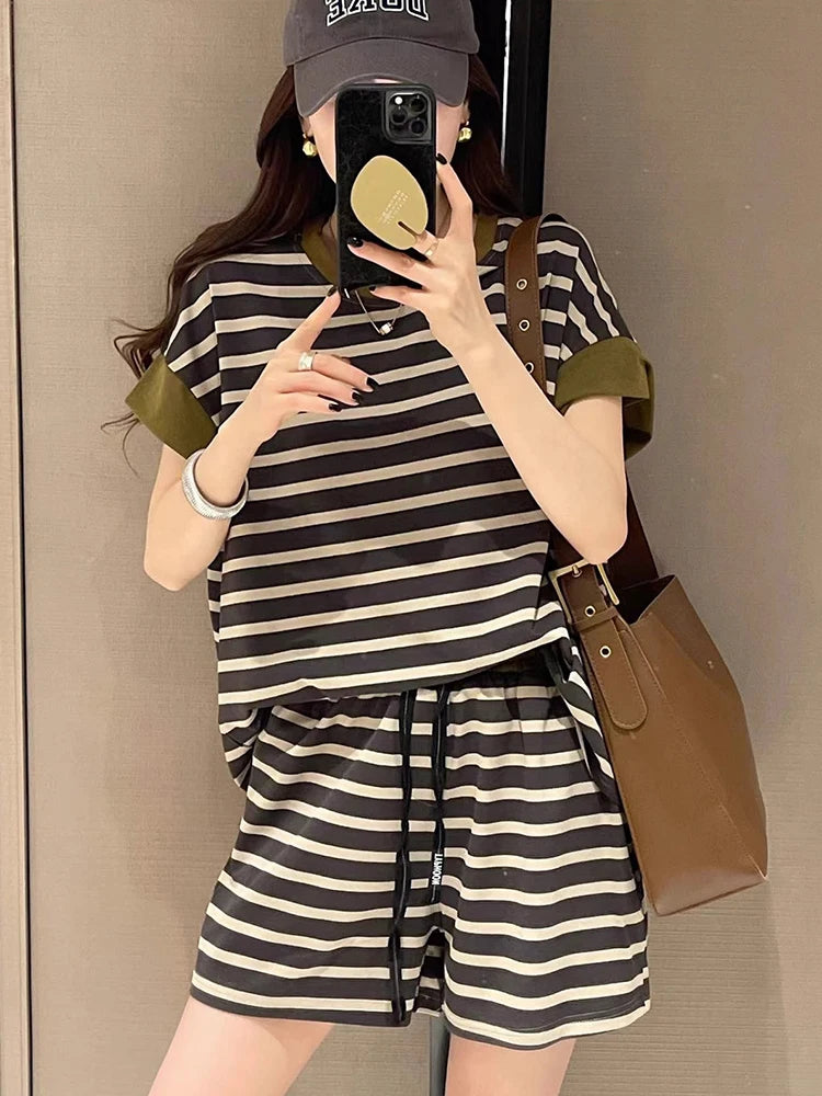 Fashion Striped Short Sleeved T Shirts Shorts 2 Piece Sets Women Outfit Summer 2024 New Casual Sports Loose Tops Pants Tracksuit