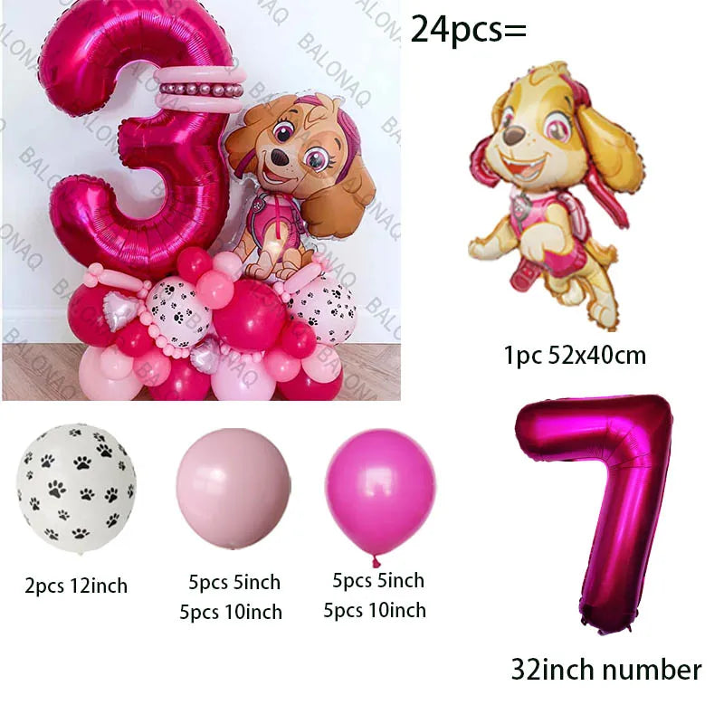 24pcs Pink PAW Patrol Skye Party Balloons Skye Number Foil Balloon Set Baby Shower Girls Birthday Party Decoration Kids Toy Gift