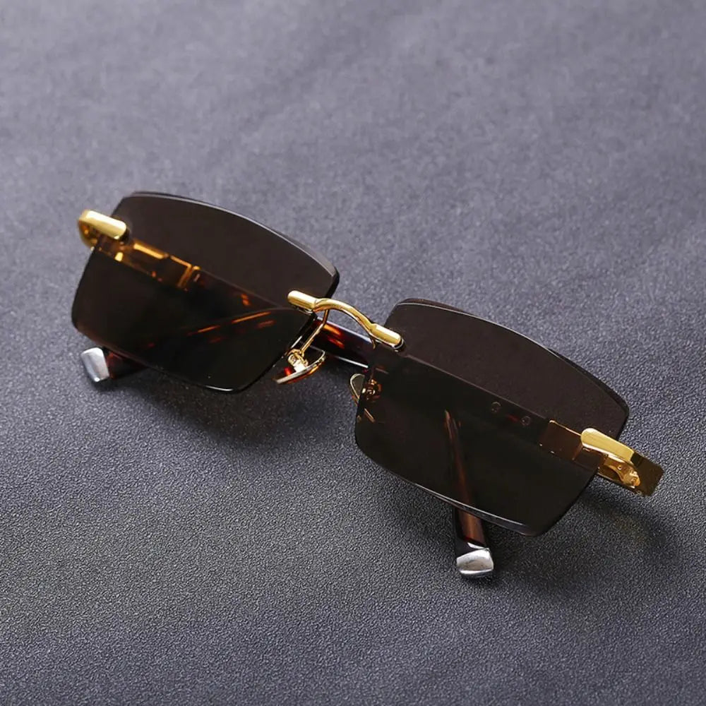 Retro Frameless Men's Sunglasses Green Crystal Stone Leopard Print Cycling Goggles Metal UV Protective Driving Sun Glasses 2025