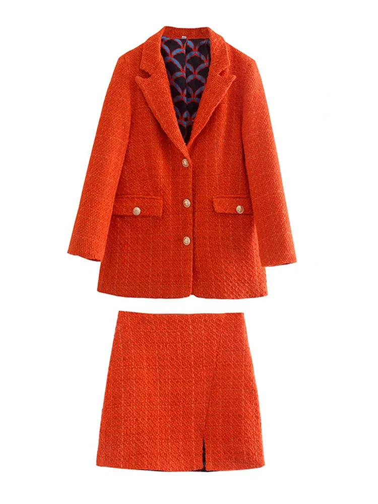 XEASY Women Tweed Red Retro Suit 2022 Spring Fashion Casual Office Slim Blazer Ladies High Waist Skirt Slit 2 Piece Set
