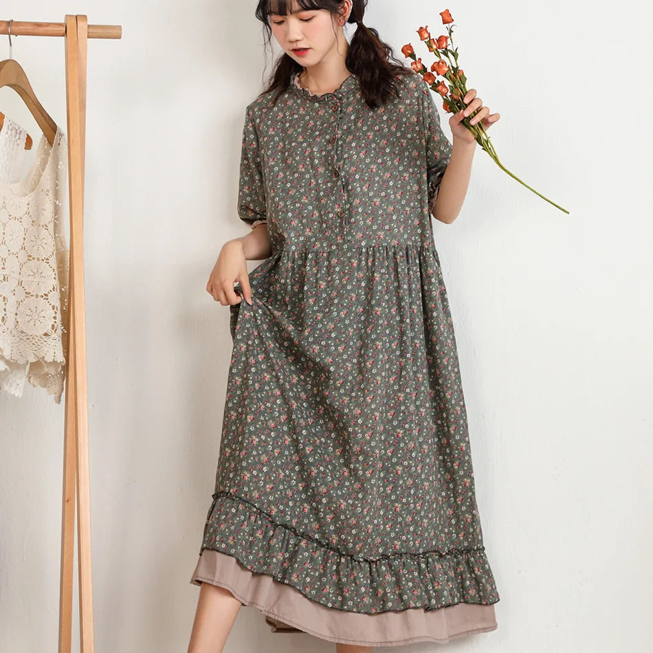 Japanese Fashion Print Dress Pretty Cotton Linen Spring Women New Floral Loose Long-sleeved Dress Midi Vestido de Mujer Clothes clothes
