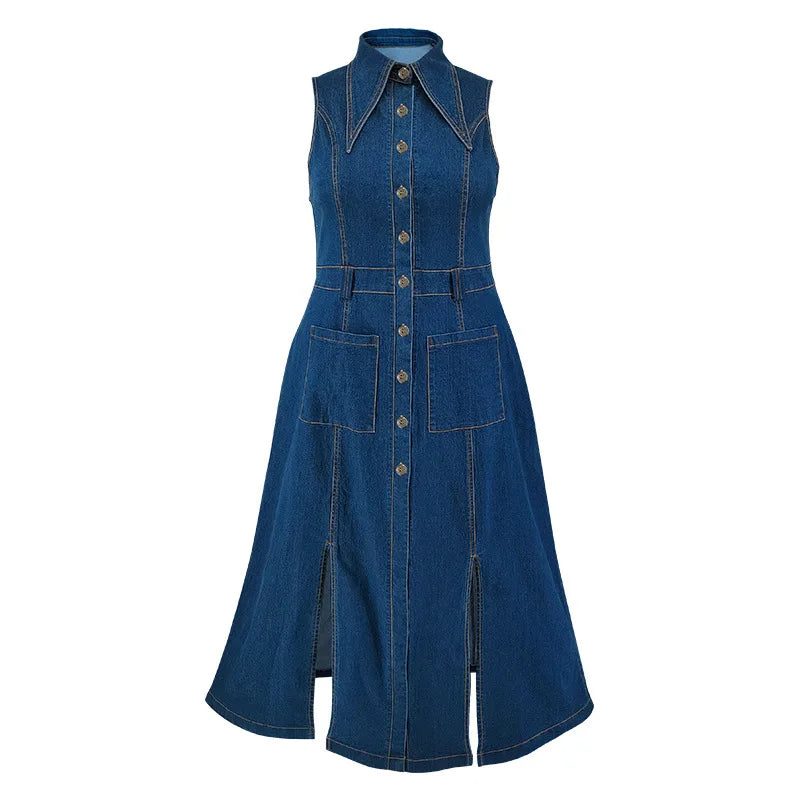 2025 Summer Button Plus Size Denim Dress Women Sleeveless Large Jean Dresses Ladies Big Turn-down Collar Split Curvy Long Dress