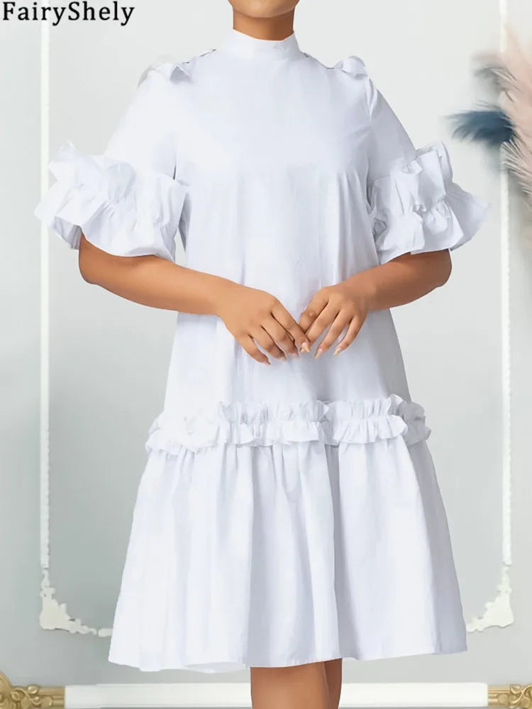 FairyShely Solid 2025 Verge Short Sleeve Plus Size Dress Women Large Loose Big Folds Dresses Lady Summer Party Tight Curvy Dress