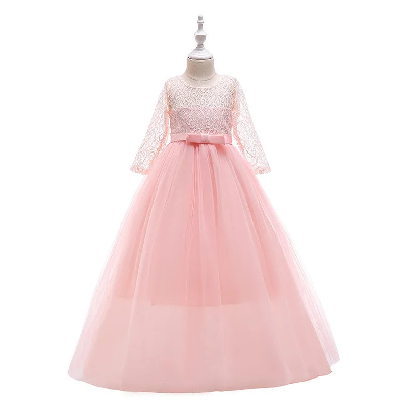 Girls Lace Embroidered Bow Princess Dress Long Sleeve Tulle Gown For Toddler First Communion Bridesmaid Wedding Birthday Party