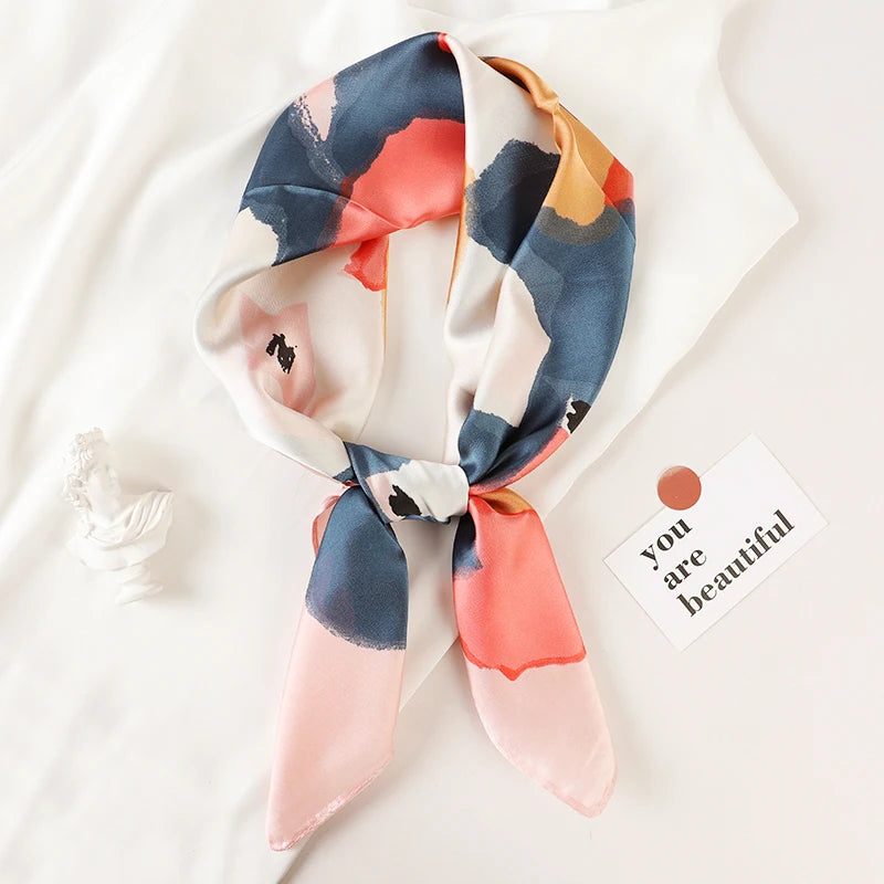 Luxury Brand 2023 Silk Square Scarf Women Cat Neck Hair Tie Band Beach Hijab Kerchief Head Headbands Bandana Female Foulard 70cm