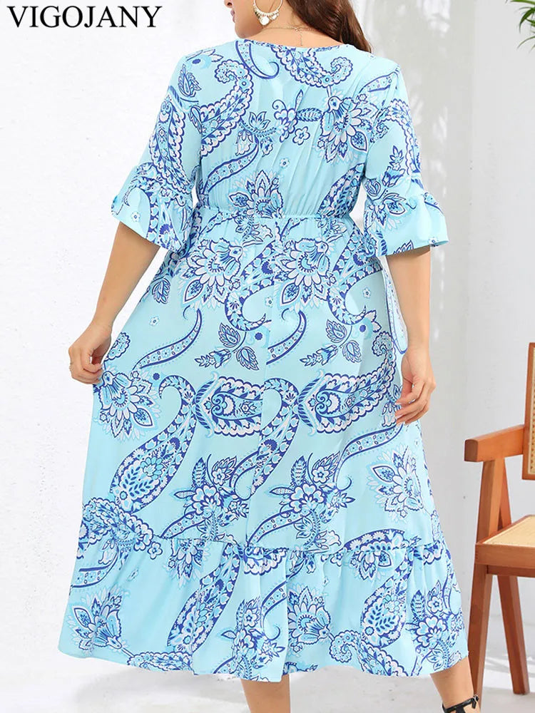 Vigojany 2025 Women Summer Short Sleeve Plus Size Dress Print Casual V Neck Large Big Dress Lady Chubby Curvy Long Dresses