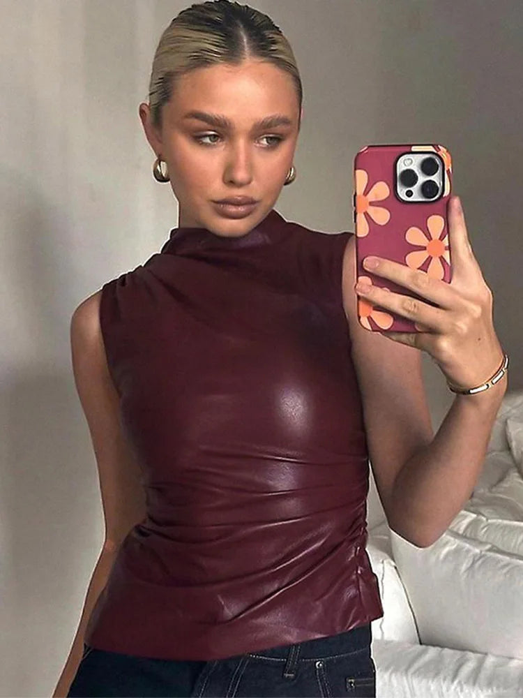 Damen Y2K Vintage Pu Schlichtes Basic Tank Top Hohe Taille Skinny Shrunk Slash Cut Ärmellose Tops Vielseitige Edle Shirts