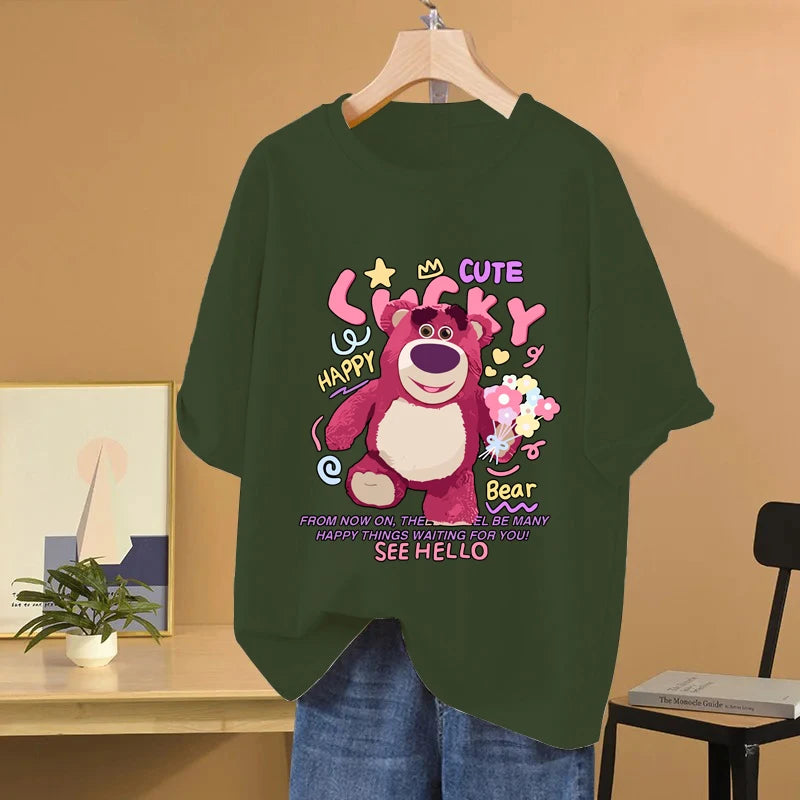 Lotso Bear Cartoon Anime Women T-shirt Summer Short Sleeve Men Tee Shirts 100% Cotton 2025 New Fashion Couple Clothes Tops