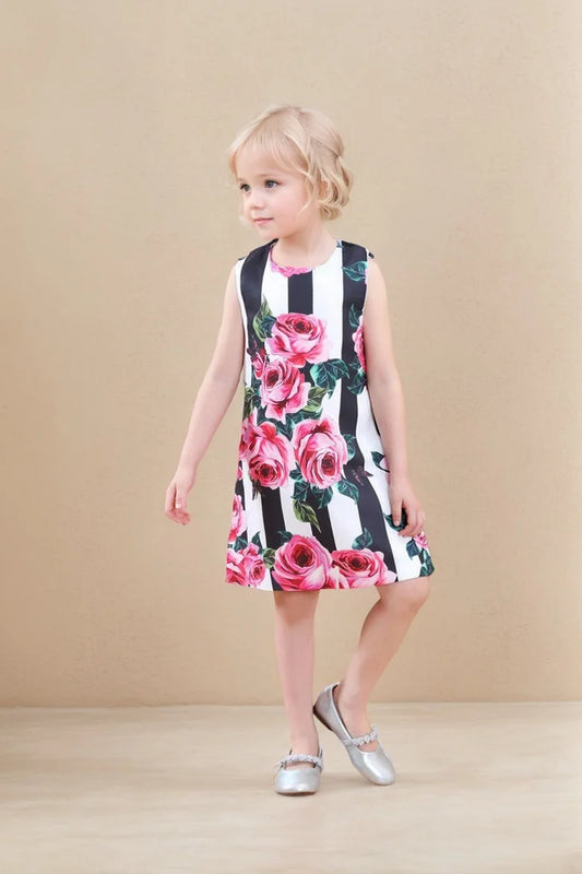 Rose Print Sleeveless Girls Summer Dresses