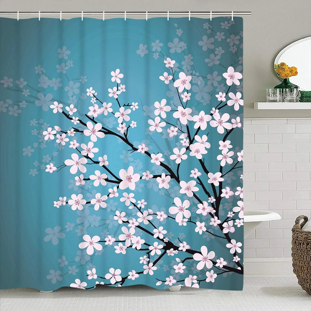 Japanese Cherry Blossom Shower Curtain Set Non-Slip Rug Toilet Lid Cover Bath Mat Spring Sakura Flower Pastoral Bathroom Curtain