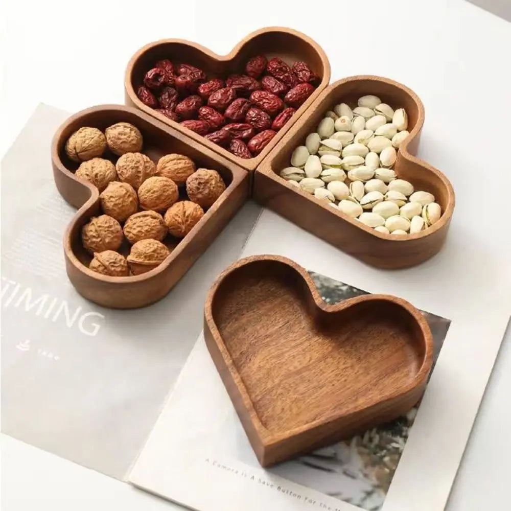 1PC Use Walnut Color Walnut Fruit Box Heart-shaped Save Space Heart Shaped Snack Plate Stackable Solid Wood Tray Serving Food