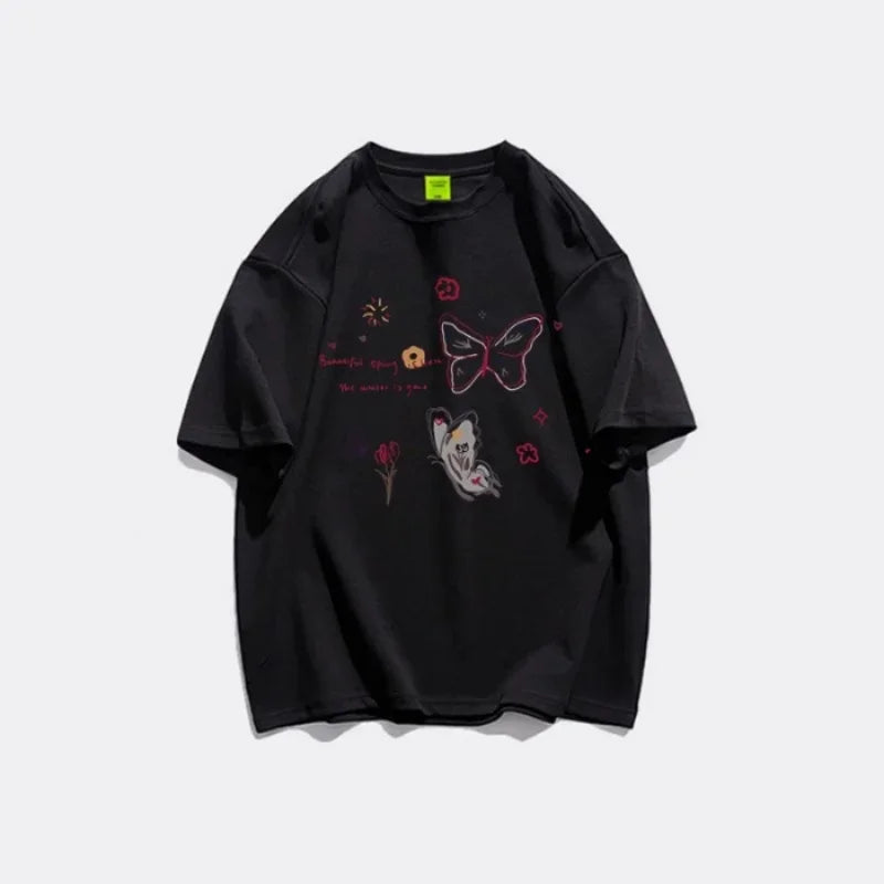 2025 New Arrival clothes Simple Style Women's Summer Loose Casual Round Neck Niche Top T-Shirt Print Butterfly Ladies Clothes T-shirts