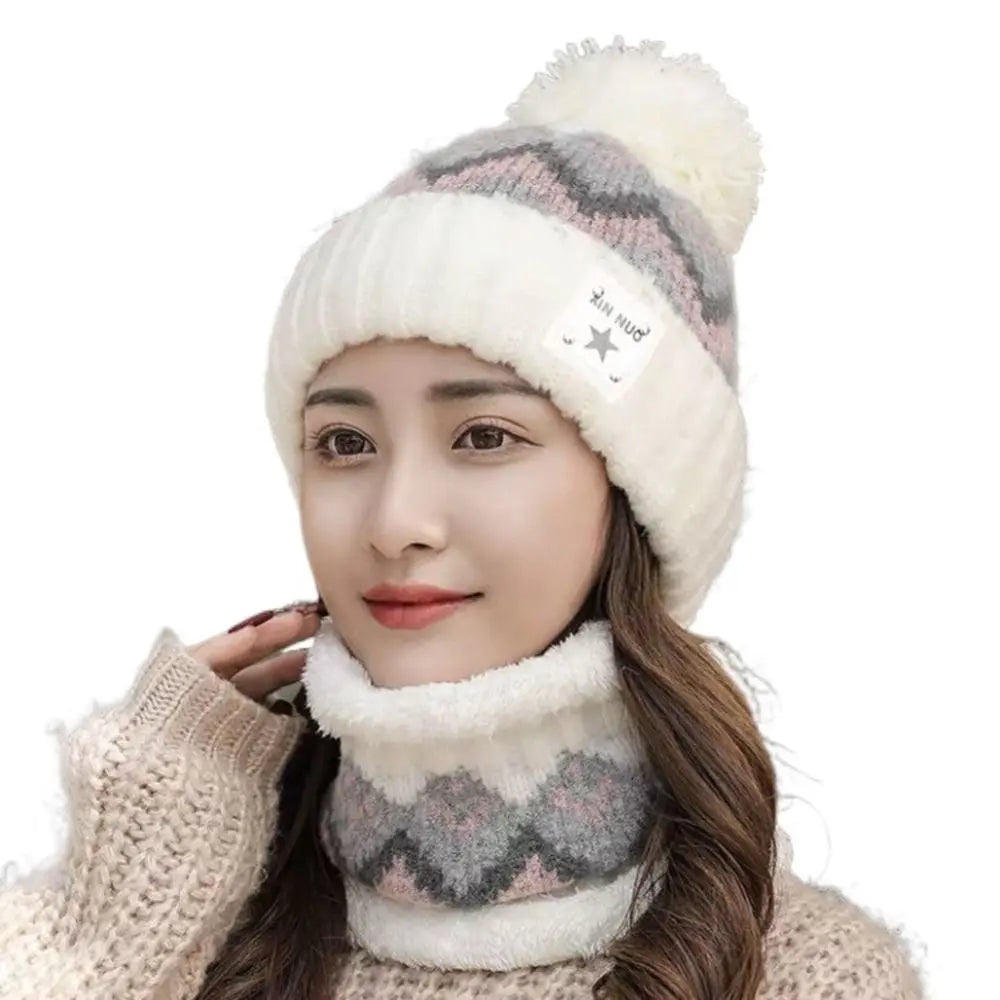 Cycling Plus Velvet Beanies Hat Ear Protection Windproof Hat Scarf Set Thick Warm Knit Skull Cap Women
