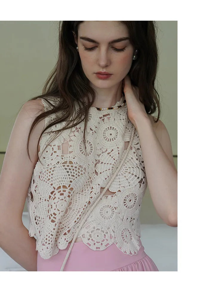 Frenchy Floral Crochet Women Tank Top 2024 Spring/Summer Hollow Out Cropped Top Petite Women's Clothing