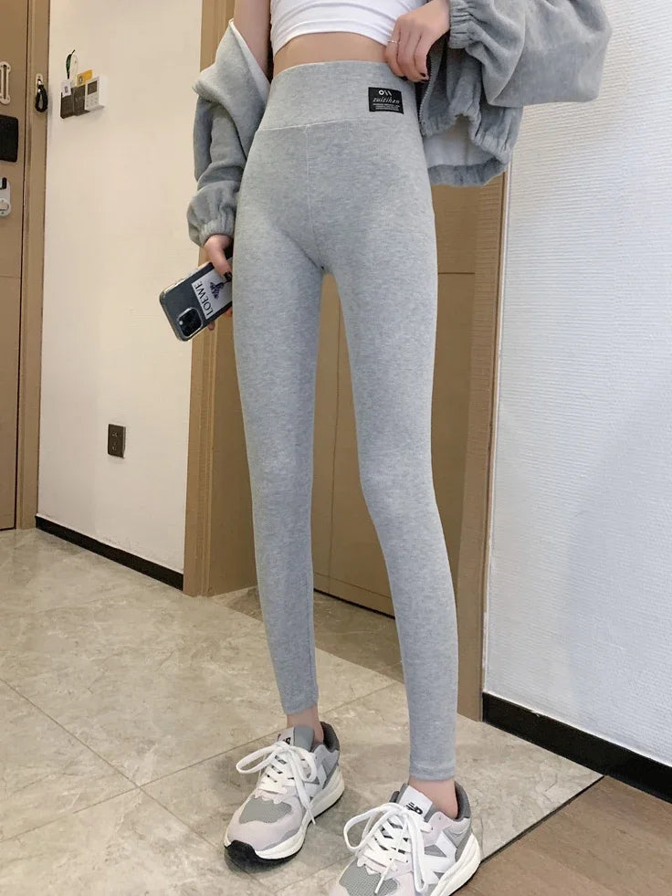 2024 Autumn Thin Ribbed Leggings for Women Basic Slim Pencil Pants Soft Girls High Wait Black Warm Leggings Home Stretch Pants