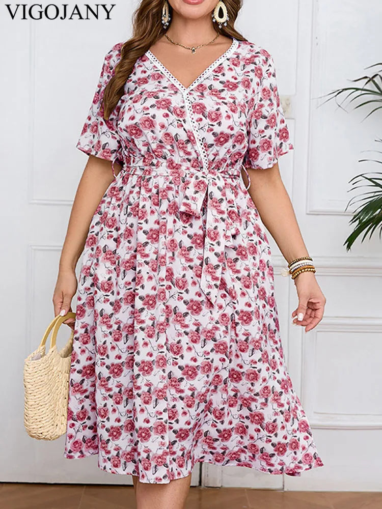 Vigojany 2025 Women Summer Print Plus Size Dress Casual V Neck Short Sleeve Large Big Dress Lady Loose Chubby Curvy Long Dresses