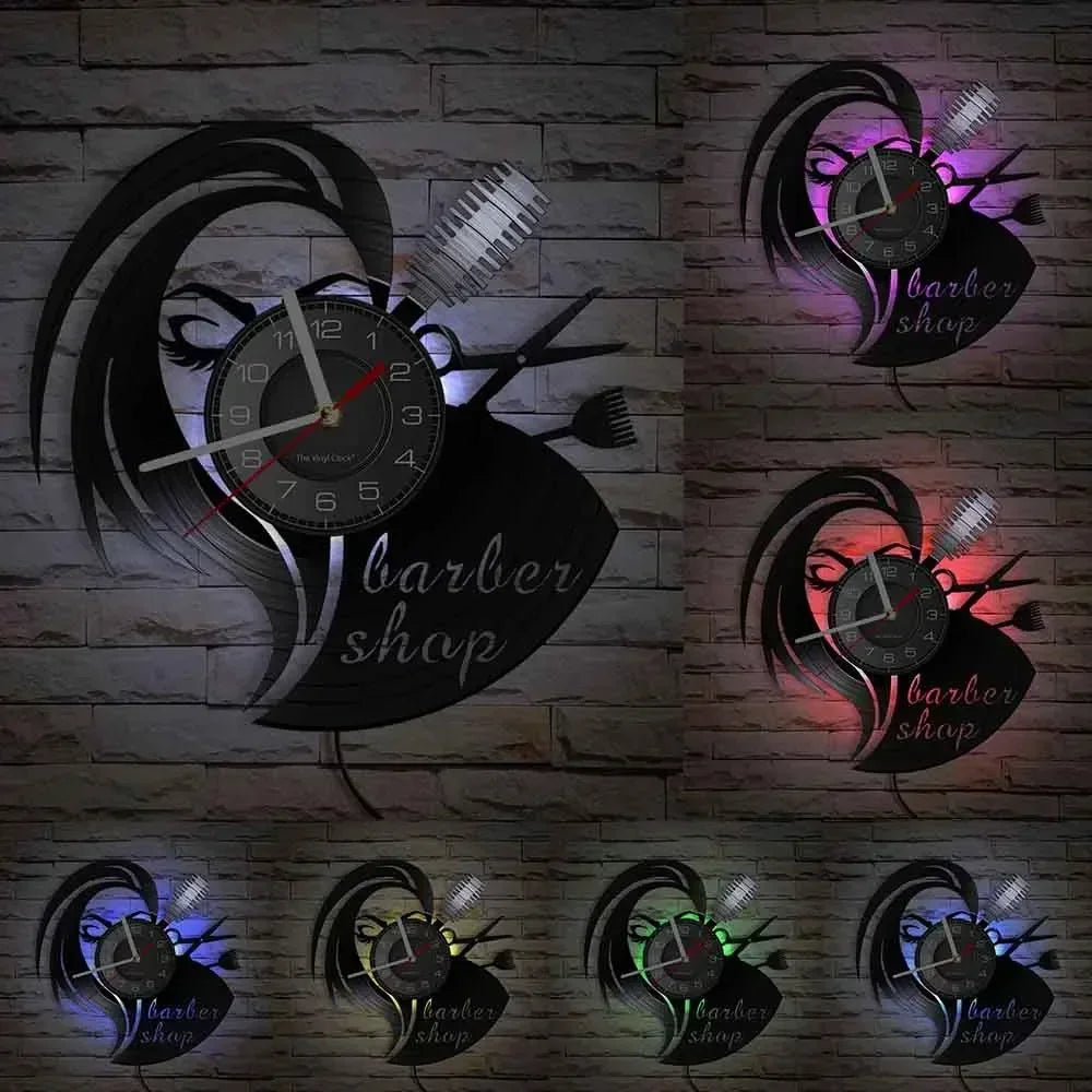 Barber Shop Sign Silent Haircutting Wall Clock Hairdressing Beauty Salon Design Vinyl Record Clock Watch Barber Shop Wall Decor