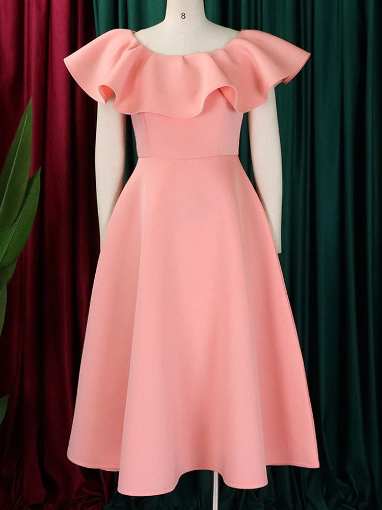 FairyShely 2025 Ruffle Short Sleeve Plus Size Dress Women Solid Large Big Ball Gown Dresses Lady Summer Party Tight Curvy Dress