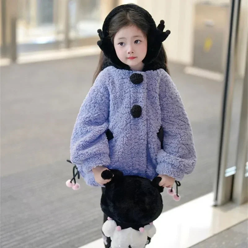 Kuromi Anime Kawaii Langarmmantel Niedlicher Cartoon Kinder Sanrio Ins Winter Plus Kapuzen Warme Jacke Kleidung Geschenke für Kinder