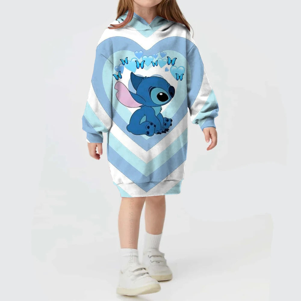 2024 Autumn and Winter Sweater Dress Christmas Disney Stitch Print Hoodie Dress Baby Girl Cute Fashion Hoodie Dress