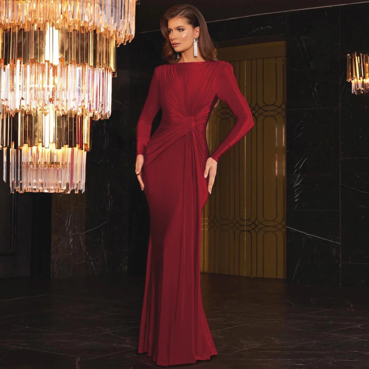 Luxury High Waist Folds Long Gray Dresses Women Long Sleeve Curvy Party Evening Dress Gowns Formal Occasion Solid Robe Winter