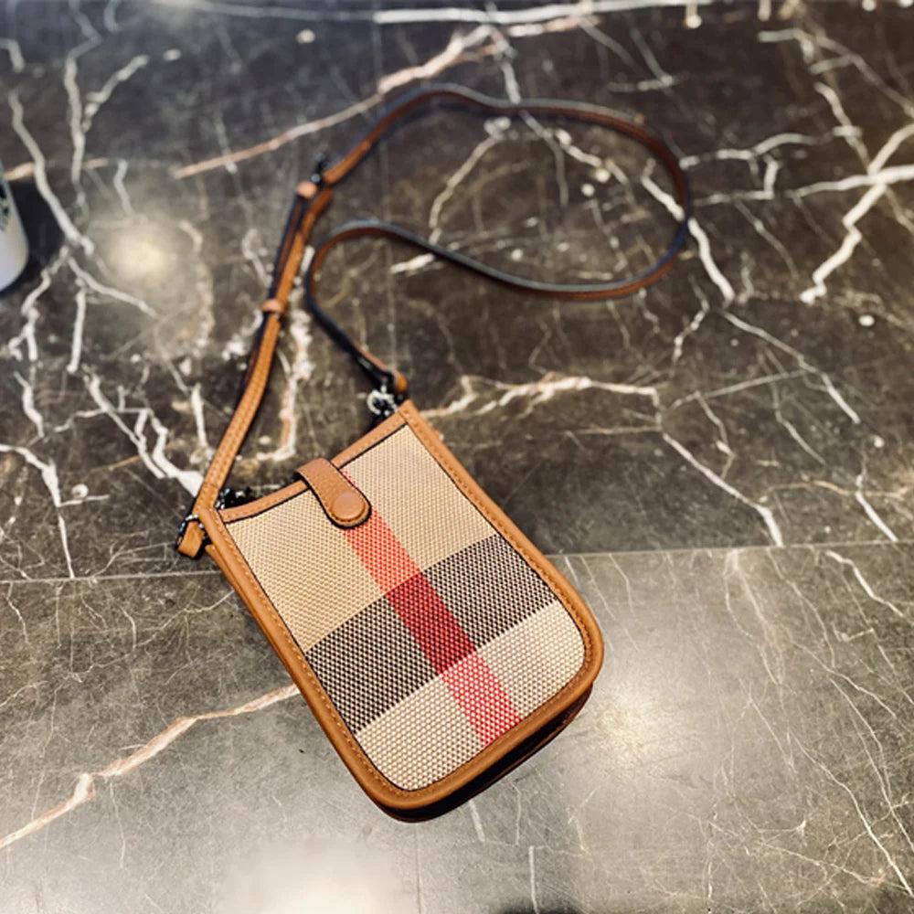 Small Women's Bag Luxury Stripes Check Canvas Leather Mobile Phone Crossbody Bag Retro Mini Female Sling Purse And Handbag