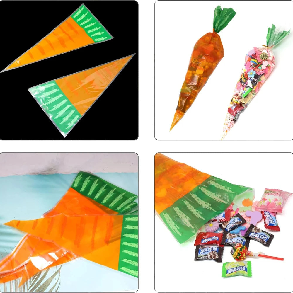 10PCS Carrot Shaped Candy Bags Cone Cellophane Easter Gift Bag with Twist Ties for Holiday Birthday Wedding Party Supplies
