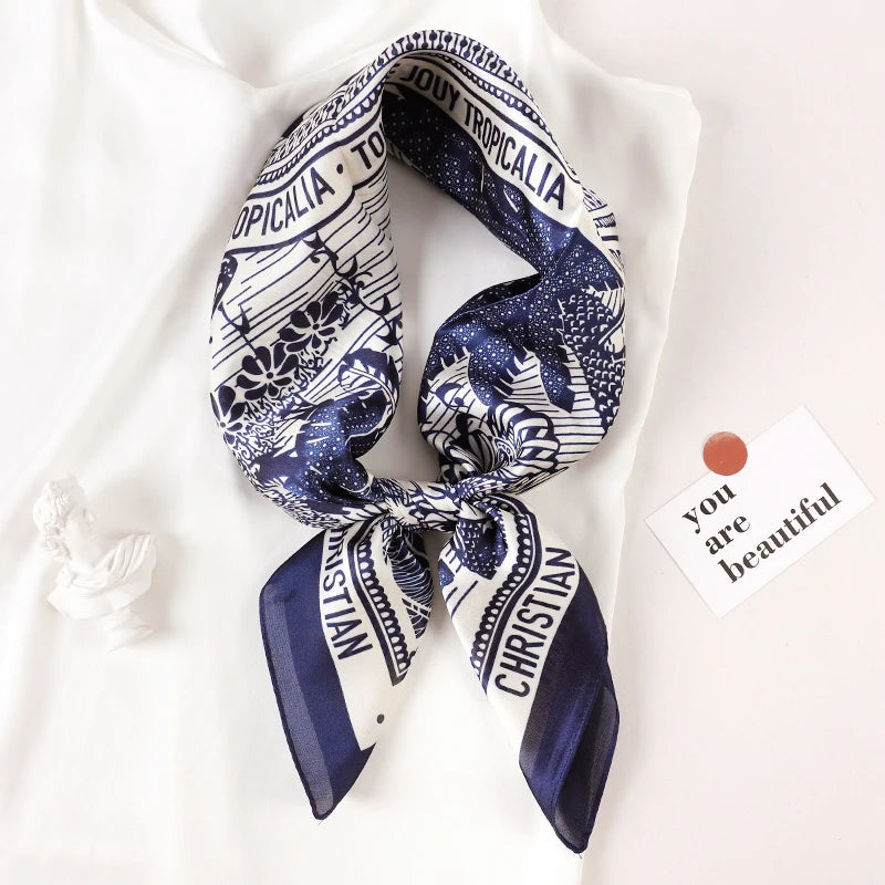 Luxury Brand 2023 Silk Square Scarf Women Cat Neck Hair Tie Band Beach Hijab Kerchief Head Headbands Bandana Female Foulard 70cm