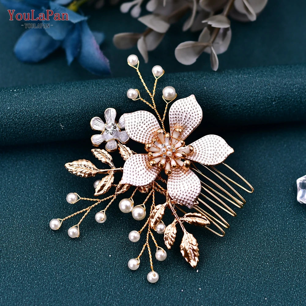 TOPQUEEN Luxury Wedding Hairpins Alloy Flower Wedding Comb Golden Color Bridal Wedding Accessories Pearl Bridal Hair Clips HP359