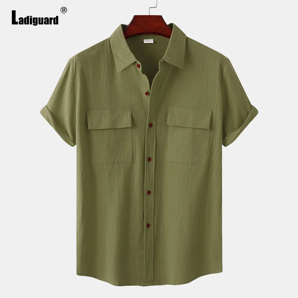 Men Short Sleeve Linen Shirts ,Black Soft Blouse Vintage Casual Stand Pocket Tops mon