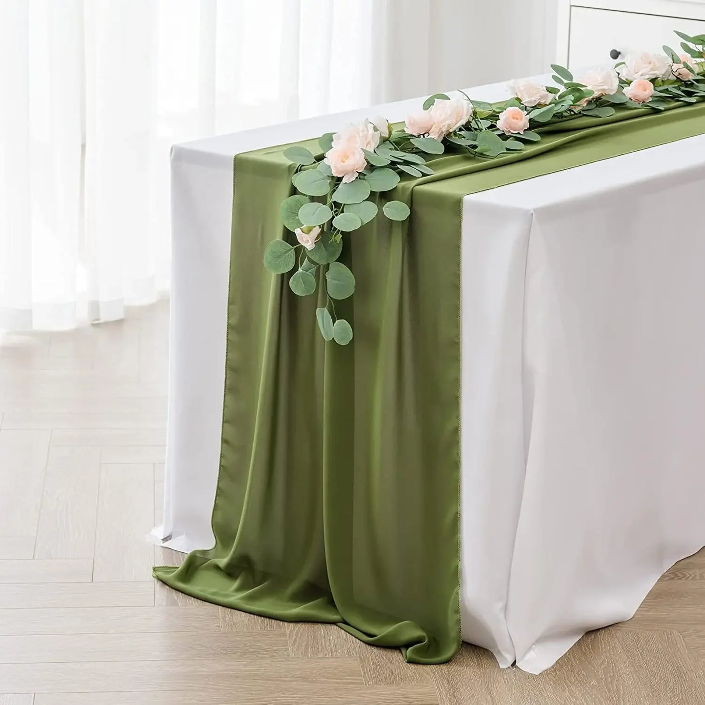 27.5x118 Inch Olive Green Chiffon Gauze Table Runner Wedding Table Running Baby Shower Rustic Sheer Dining Table Decoration
