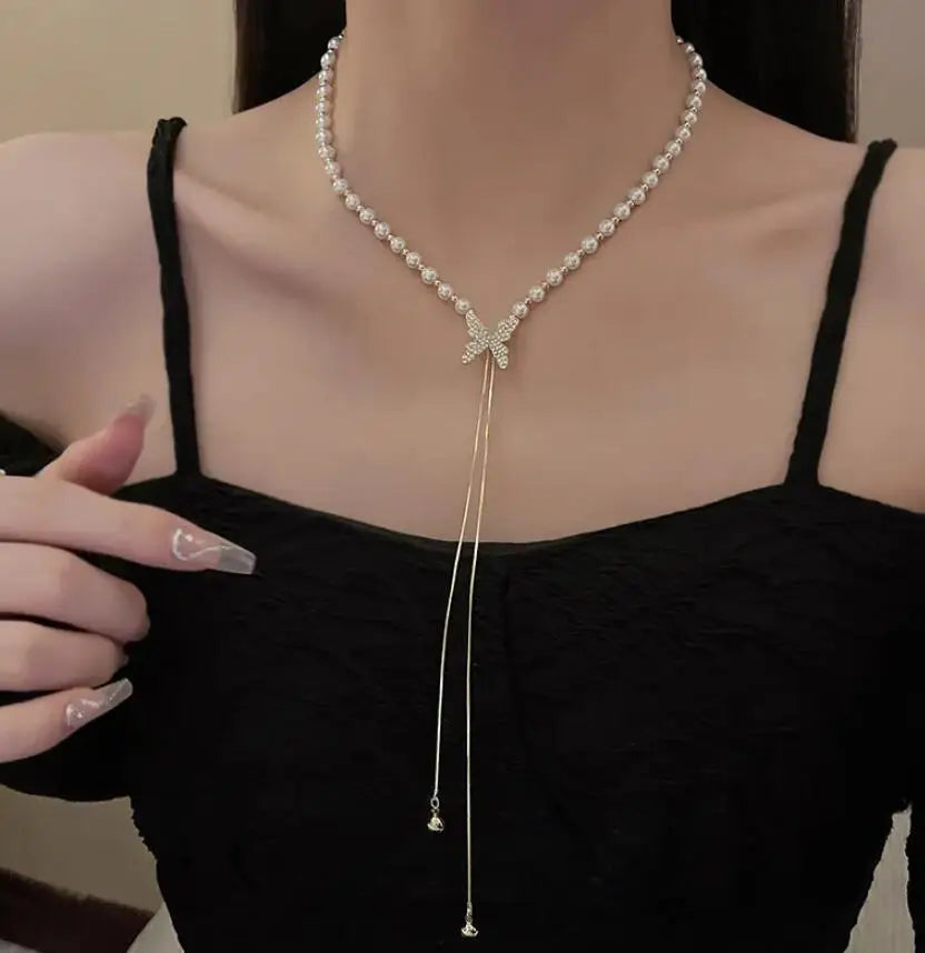 Fashion Personal Butterfly Pearl Long Pendant Tassels Necklace For Women Party Accessories Dangle Necklace Custom Jewelry
